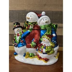 David's Cookies Snowman Family Metallic Ceramic Cookie Jar